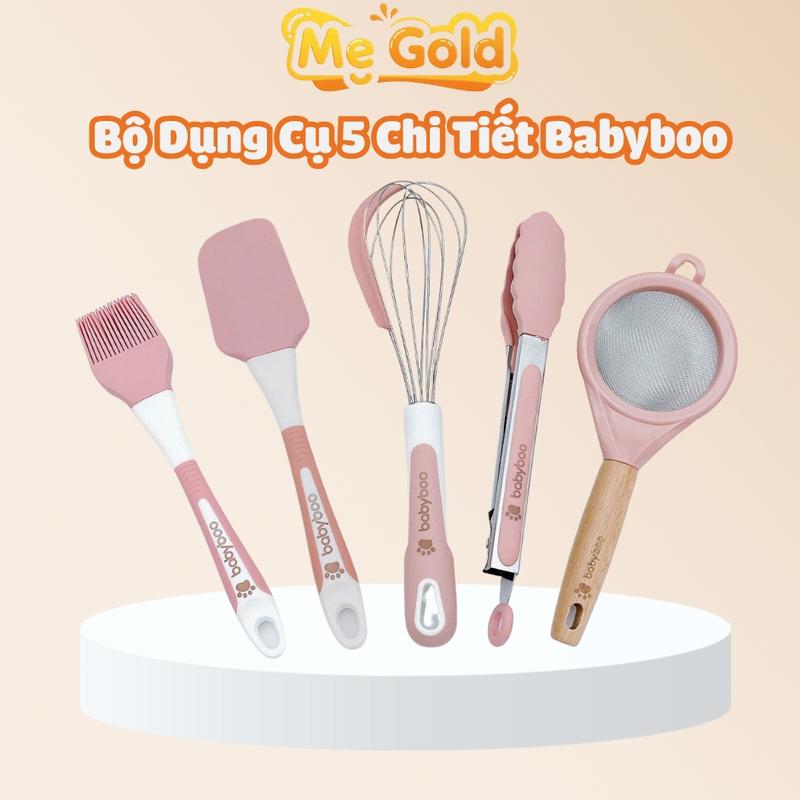 Bộ dụng cụ chế biến đồ ăn dặm Babyboo cho bé 5 chi tiết chất liệu silicon chịu nhiệt, Phới quánh cháo, kẹp gắp đồ ăn dặm