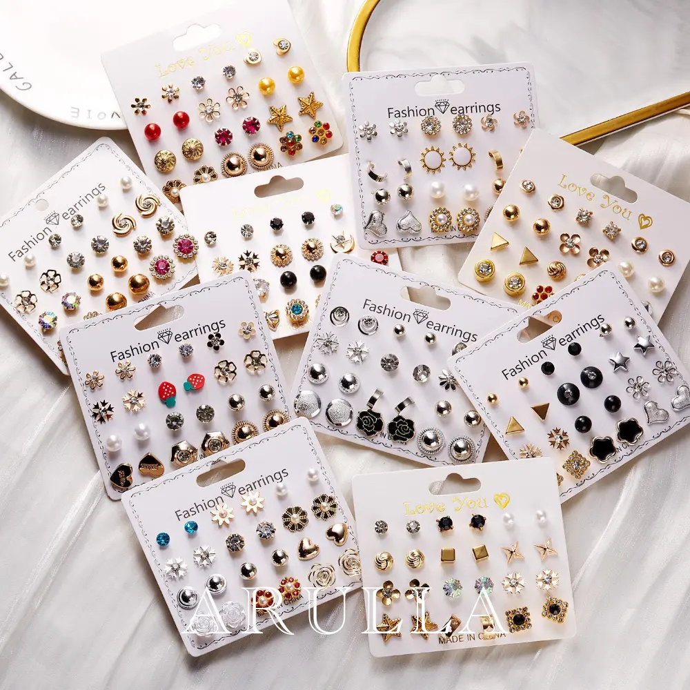 Bông Tai Kết Hợp Hàng Tháng, Arulla, 12 Cái / Bộ, 12 Cặp Bông Tai Zircon Dát, Bộ Trang Sức Hoa / Trái Tim / Ngôi Sao / Mặt Trăng / Dâu Tây