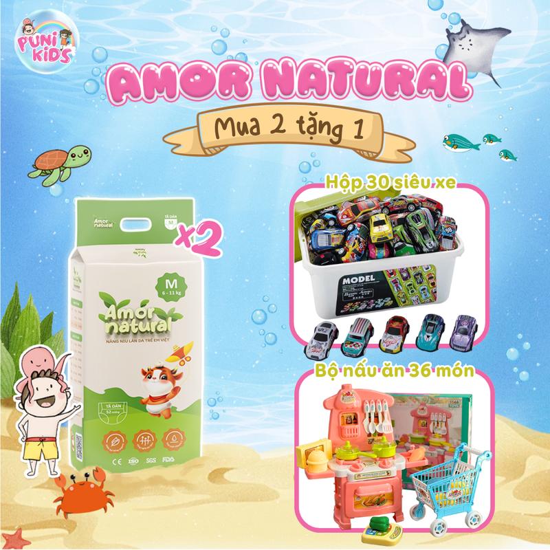 (2A) [TẶNG BỘ 30 SIÊU XE/ NẤU ĂN 36 MÓN] COMBO 02 BỊCH TÃ BỈM VIỆT AMOR NATURAL Dán/ Quần, Bỉm Việt Chất Lượng, Mỏng Nhẹ, Thấm Tốt Size NB/S/M/L/XL/XXL/XXXL/XXXXL Cho Bé, Tã Bỉm Ngày Và Đêm Bỉm