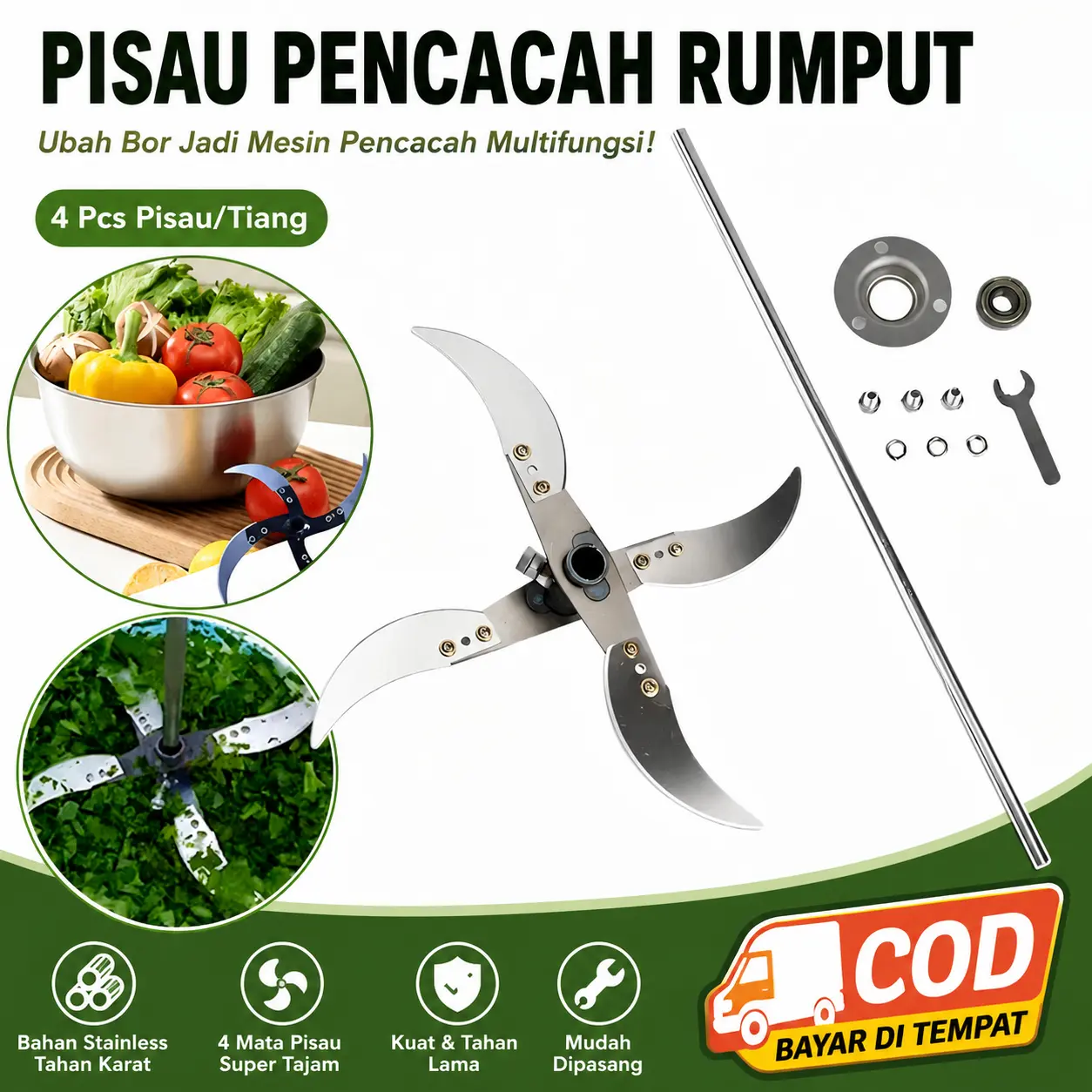 Pisau Pencacah Rumput 4 Mata Pisau | Mata Pisau Mesin Pencacah Multifungsi untuk Bor Tangan | Aksesoris Pencacah Rumput & Sayuran