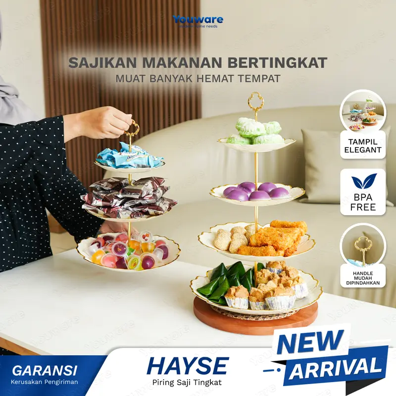 YOUWARE - Hayse Rak Kue Susun 3 Tingkat / 4 Tingkat Detachable Plate Cake Stand Display Plastik Piring Saji 3 Tingkat Susun Lepas Pasang dengan Handle Rak Makan Kue Buah Cake Camilan Rak Kue Cake Emas Aesthetic dan Elegan 0