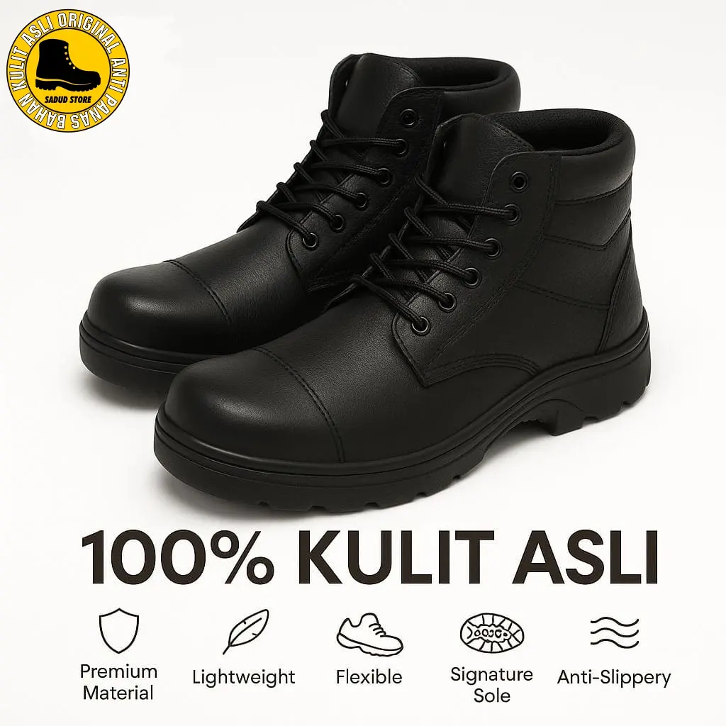 Sepatu Safety Bahan Kulit Dengan Ujung Besi / Sepatu Kerja Proyek Safety Bahan Kulit Asli - Tali