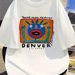 抽象油絵模様プリント婦人用半袖Tシャツ、丸首、ゆったり、純綿カジュアルトップス、丸首、ショルダーベルト、ゆったりシルエット、通気性、肩落ちデザインプリントTシャツ夏季ゆったりタイプ