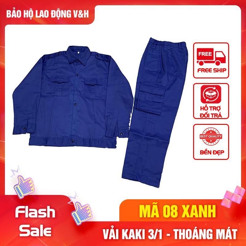  Bộ Quần Áo Bảo Hộ Lao Động Nam Dài Tay Mã 08 Xanh - Có Cổ Sơ Mi Quần Có Túi Hộp Vải Kaki 3 1 Dày Dặn Bền Bỉ Thoáng Mát Chống Nắng Nóng Tốt 
