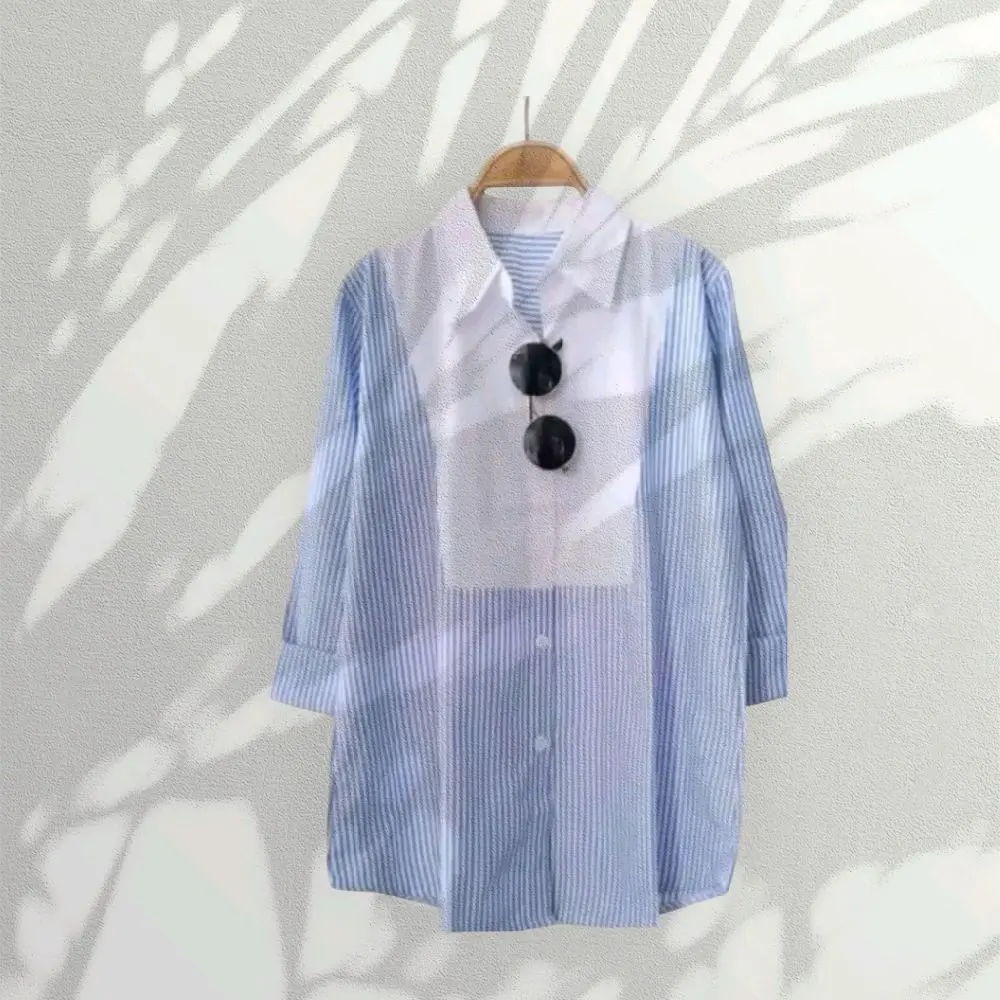 Kemeja garis garis atasan wanita dewasa tunik salur Kemeja Alma Import Bangkok Wanita Cey Cringkel Air Flow