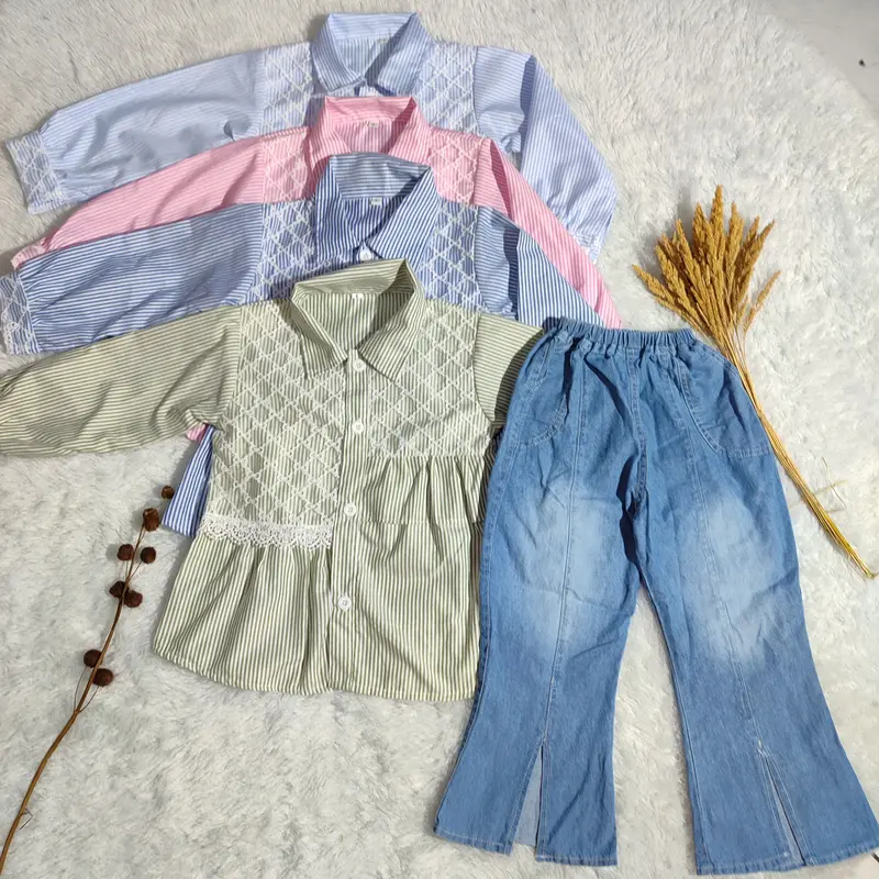 Setelan Anak Perempuan 4-12 Tahun, Baju Kemeja Salur dan Celana Jeans Cutbray - Fashion 8