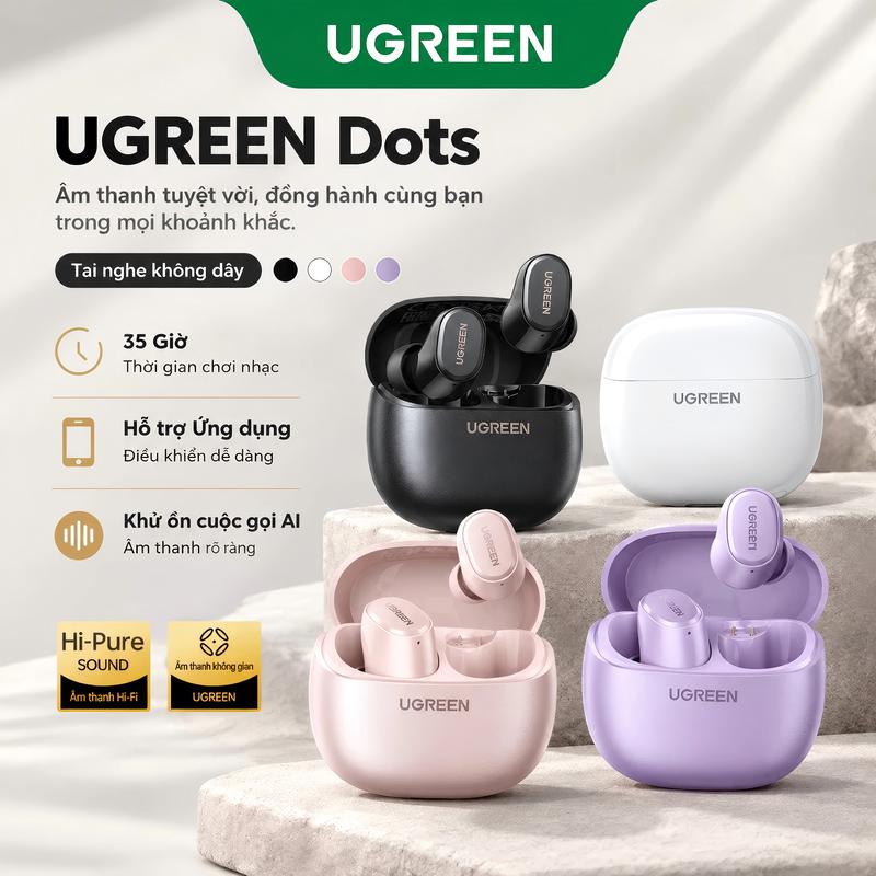 UGREEN HiPure Dots, Tai nghe Bluetooth 6.0, Không dây với thời lượng pin dài, Độ trễ siêu thấp 80ms, Khử tiếng ồn AI, Phù hợp chơi game & học tập, Compatible with iPhone 18 Pro Max, 17 Pro Max, 16 Pro Max, Model: 75627