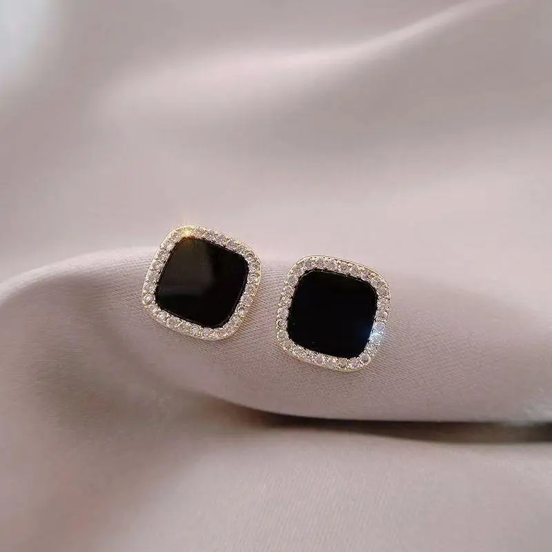 [Shiny Molly Shop] New Black Square Droplet Diamond Stud Earrings  Stylish Versatile, Minimalist Ear Jewelry for Women