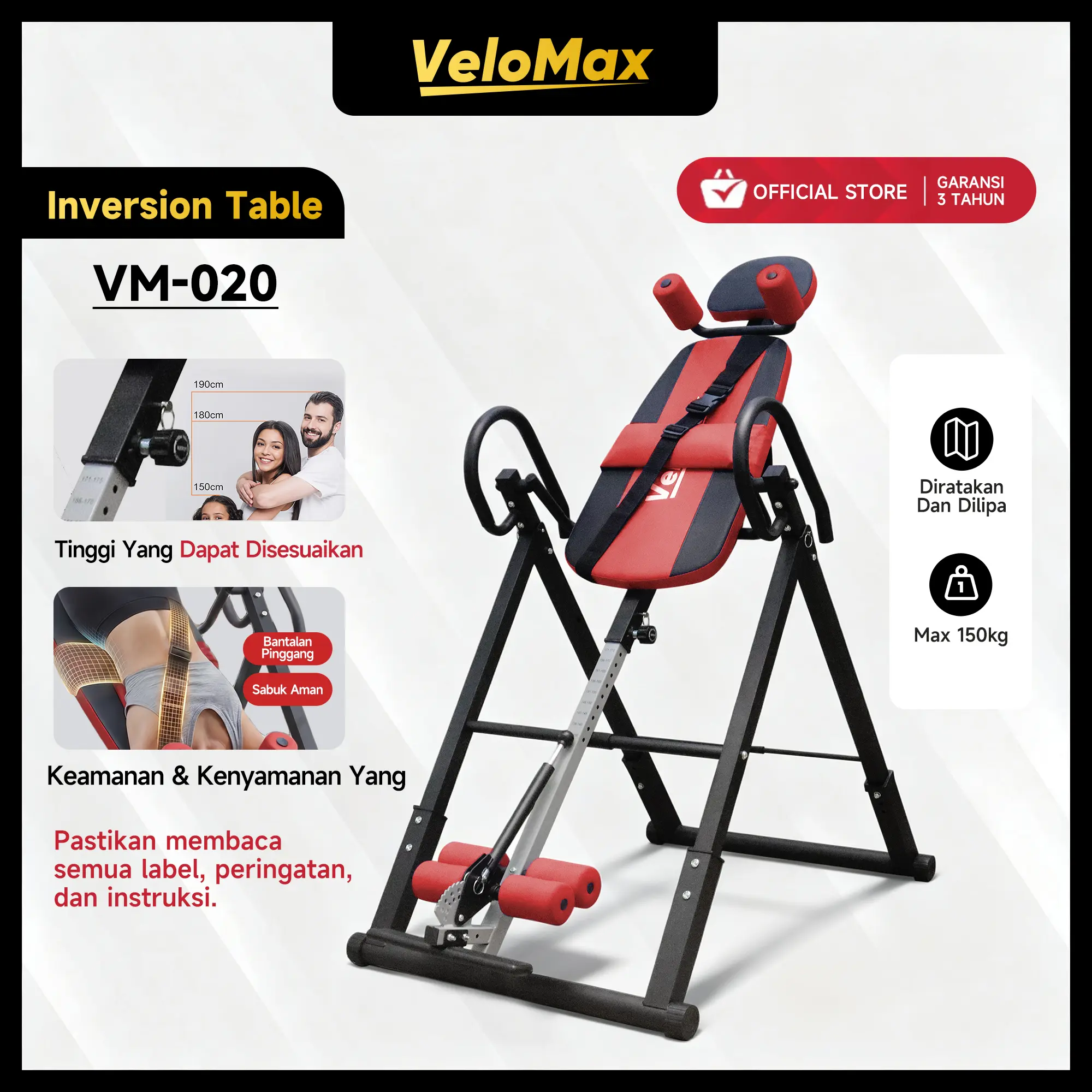VeloMax Meja Inversi Anti-Gravitasi Lipat Naik Turun — Meregangkan Tulang Belakang, Meredakan Nyeri Punggung, Aman & Kokoh dengan Kapasitas 150kg
