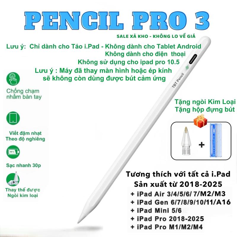 Bút cảm ứng dành cho iPad Pro M4/M2/M1 ,iPad Air 7/6/5/4/3 ,iPad Gen 6/7/8/9/10/11/A16 ,iPad Mini 5/6 chống tỳ đè ,sạc nhanh type C,thay thế được ngòi kim loại, Phụ Kiện iPad Tommycase