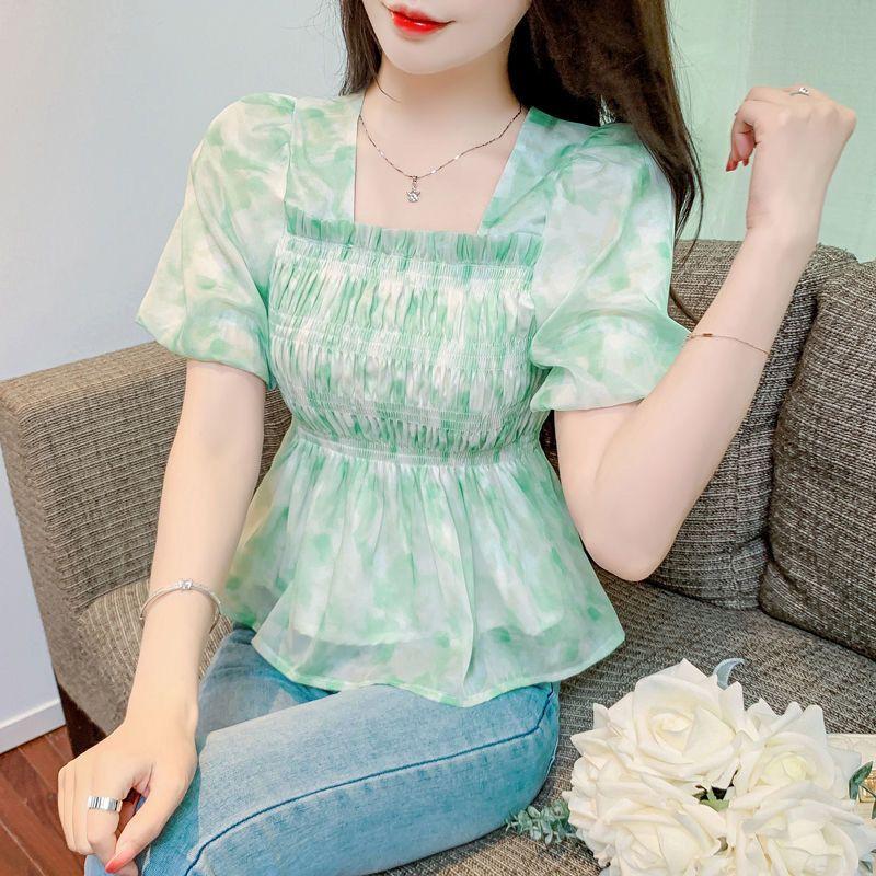 Áo Sơ Mi Hoa Cao Cấp, Tay Áo Phồng, Màu Sắc, Xếp Ly, Giảm Béo, Đa Năng, Ngọt Ngào, Voan, Mùa Hè Nữ Women Top Màu Hồng Voi Shirt 1