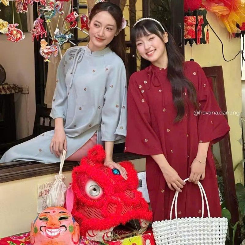   HAVANA  CÓ BIGSIZE - Áo dài nhung chéo ĐƯỜNG DAO thêu nổi hoa mai mùa xuân kèm quần nhung AD186 