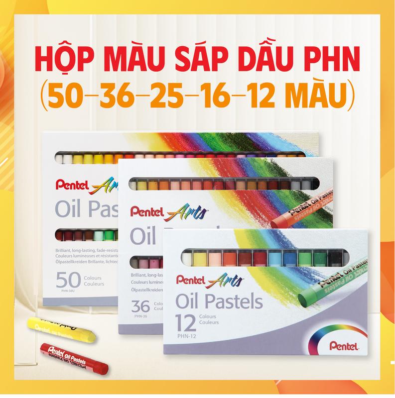   Tặng Sổ Tô Màu  Màu Vẽ Sáp Dầu Pentel Oil Pastels PHN Bộ 12-50  - Tươi Sáng An Toàn Không Độc Hại 