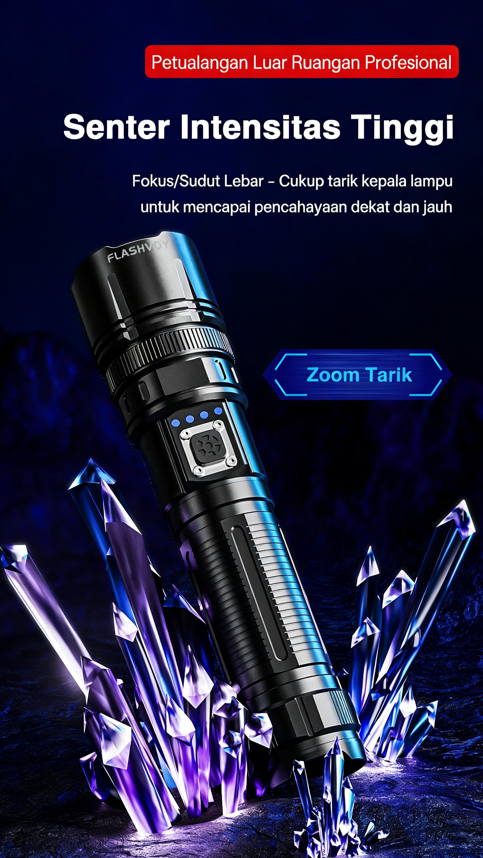 FLASHVOY Senter Laser Putih BF04 Super Terang 1800LM Jarak Jauh 1000M Bisa Zoom Fokus Powerbank 5000mAh Awet 30 Jam Type-C Waterproof IP44 Body Metal Aluminium Senter Polisi Security Outdoor Camping Hiking Original COD Camping