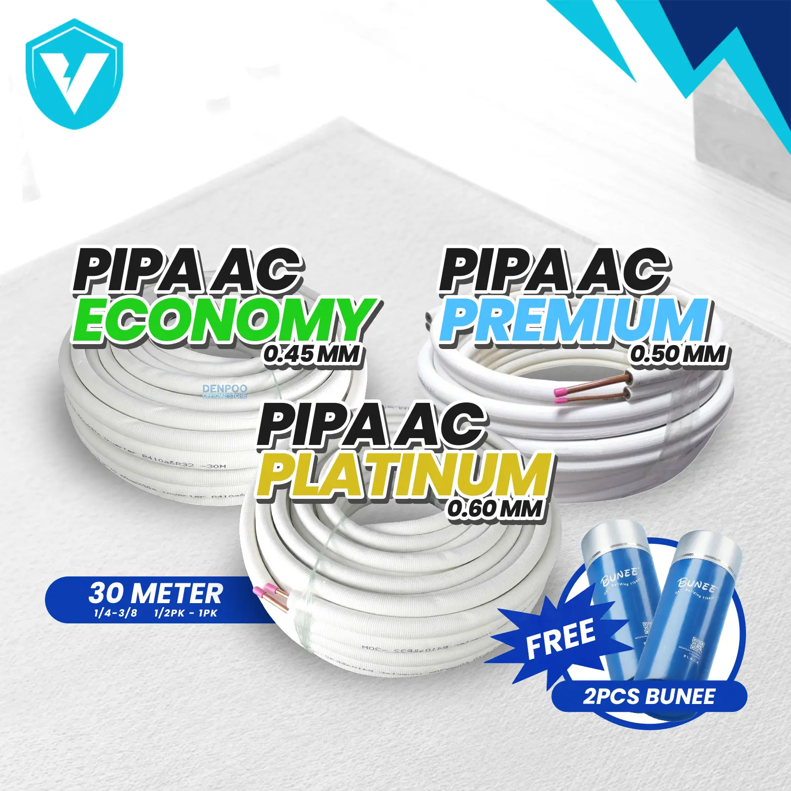 PIPA AC DENPOO PREMIUM 30 METER / 1 ROLL | 1/4-3/8 | 1/2PK-1PK | PROMO BUNDLING BELI 2 PCS