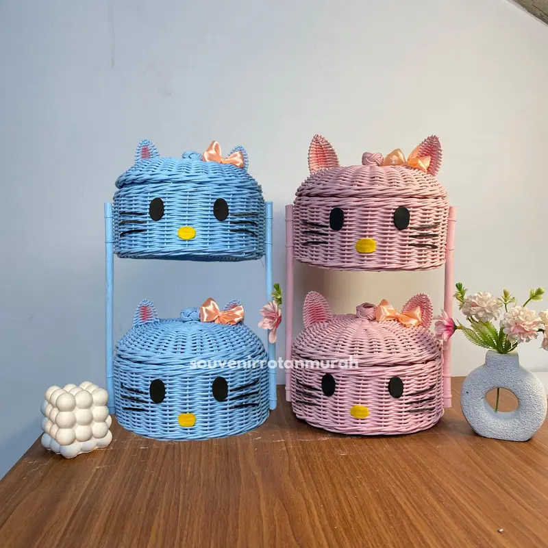 RAKIT SENDIRI Keranjang Rotan Bumbu Karakter Hello Kitty Susun 2 / Kucing Dapur Aestetic Souvenir Rotan Murah / Hamper Unik 0