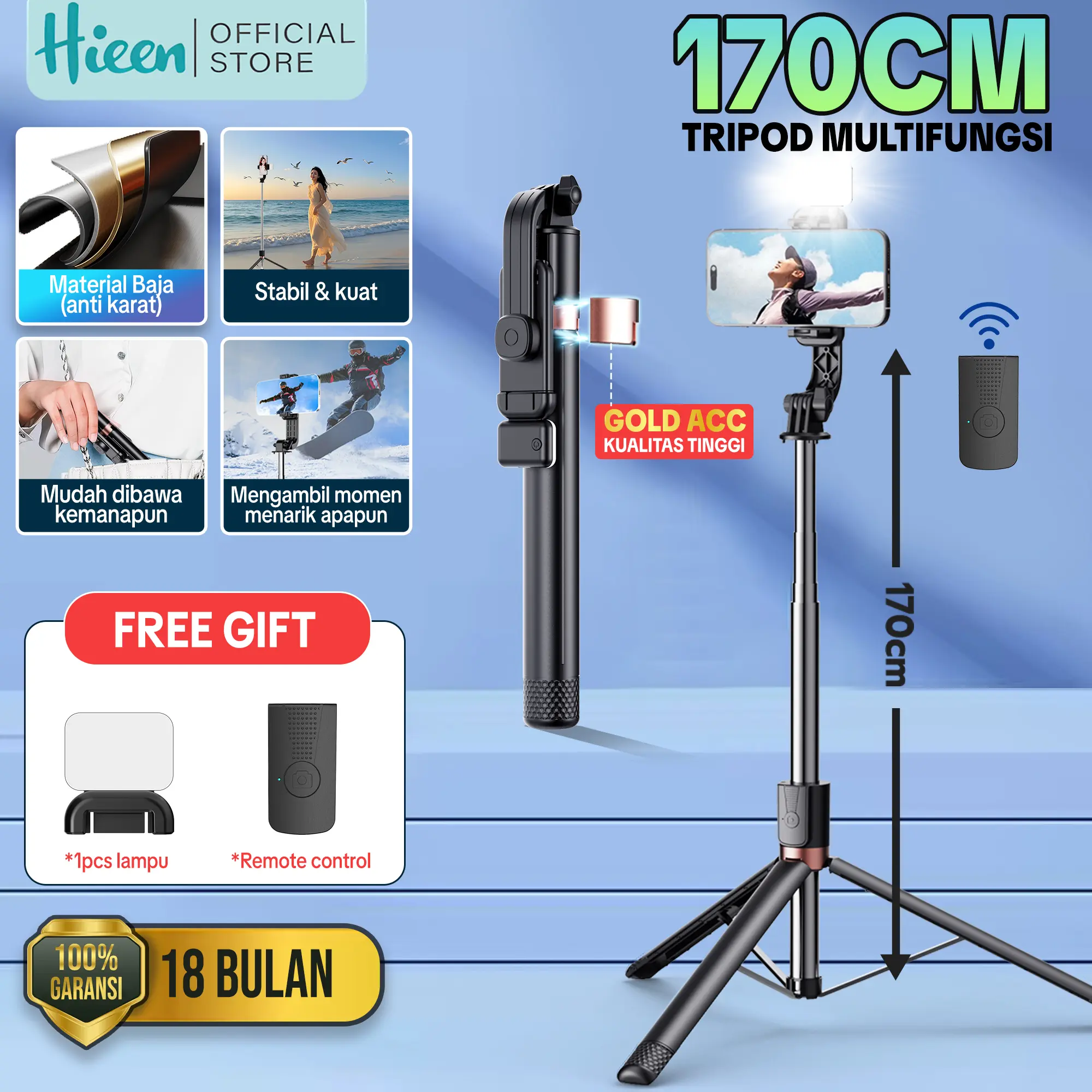 Hieen Tripod Selfie Stick LED Light Remote Bluetooth 170cm Multifungsi Tongkat Selfie Stainless Steel TP18