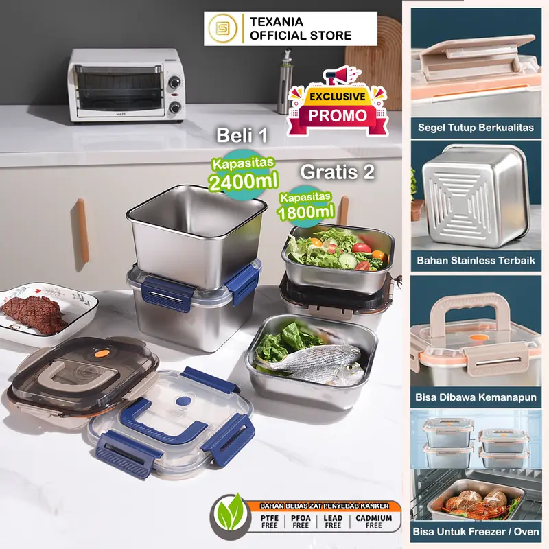 [7.7 SALE] TEXANIA Food Box WADAH MAKANAN TOPLES SAYUR MAKANAN KOTAK BEKAL STAINLESS MULTIFUNGSI DENGAN TUTUP Kitchenware 0