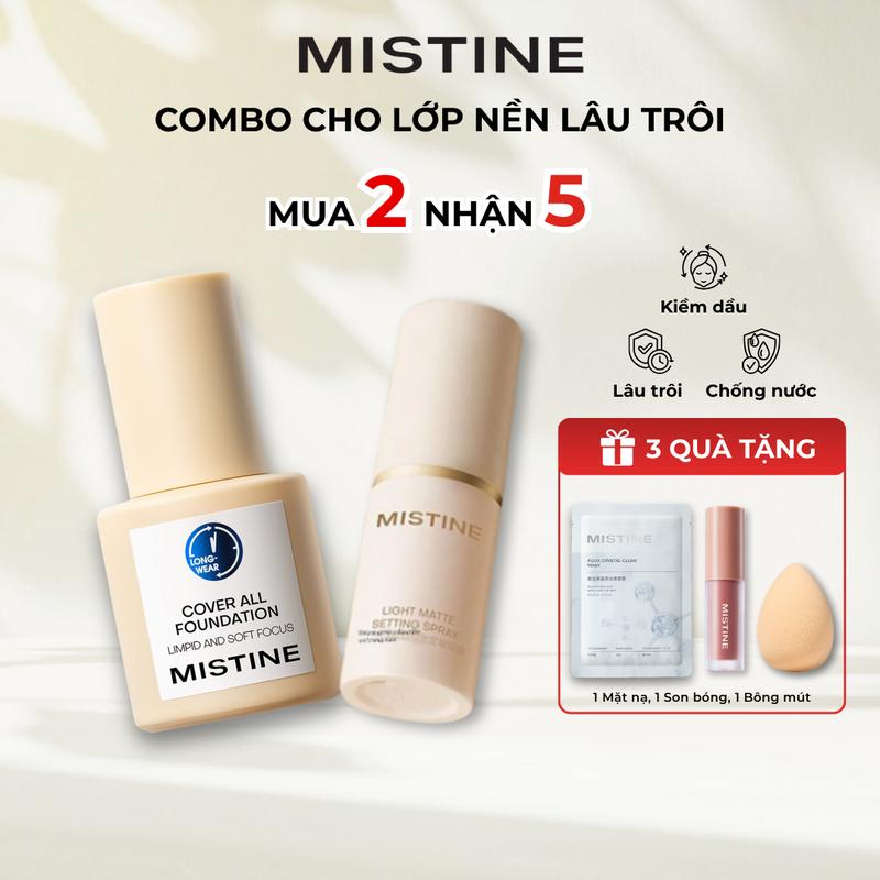 【COD Combo Kem nền Mistine che phủ hoàn hảo kiềm dầu tốt 30g + Xịt Khoá Nền Kiểm Soát Dầu Lâu Trôi 30ml + 3 QUÀ 1 Bông mút 1 Son bóng 1 Mặt nạ