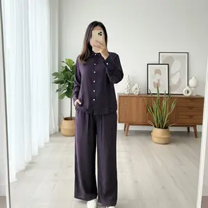 Tiffany One Set Basic Homewear Stripe Shirt Kemeja Oversize dan Celana Kulot Setelan Lengan Panjang Rayon Motif Garis Wanita Nyaman Cantik By Khalea