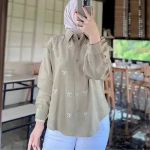 Canza - Blouse Kemeja Wanita Motif Pita Bordir PureLinen Full Kancing Nyaman atasan baju simple Muslim Panjang Cantik