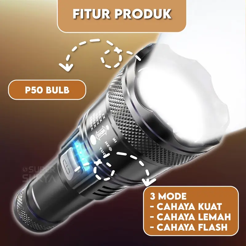 WEWANT Senter P50 LED Super Terang 300 Lumens Lampu Cas Flashlight Zoom Swat Police Rechargeable Baterai 2