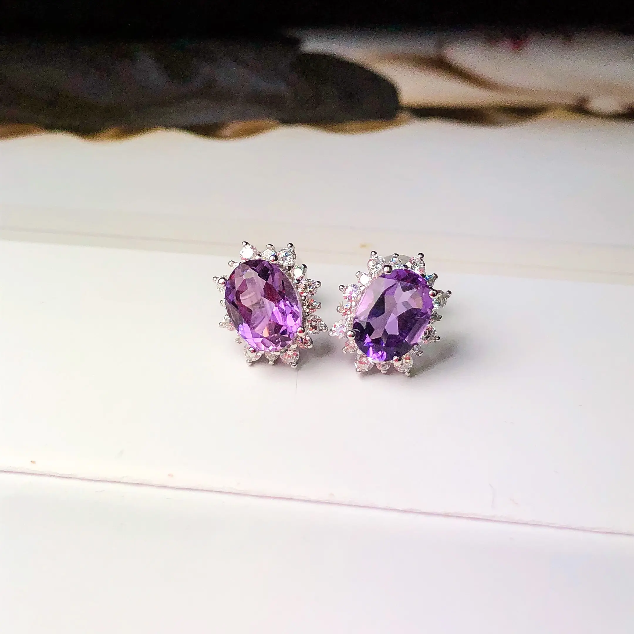Bông tai hình bầu dục LF26, Halo, thạch anh tím, S925 , Stud