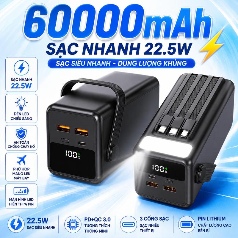 VBB - Sạc dự phòng TZ96 sạc nhanh 22.5W có cáp sạc và đèn chiều sáng