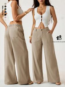 Pantalones palazzo de lino para mujer, clásicos y veraniegos, con vuelo, pierna recta, ideales para la playa, con bolsillos, color sólido, cintura alta elástica; pantalones para casa, viaje, vacaciones, brunch y trabajo.