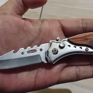 KS Pisau Lipat Outdoor Pegangan Motif Kayu Knife Stainless Pocket Premium