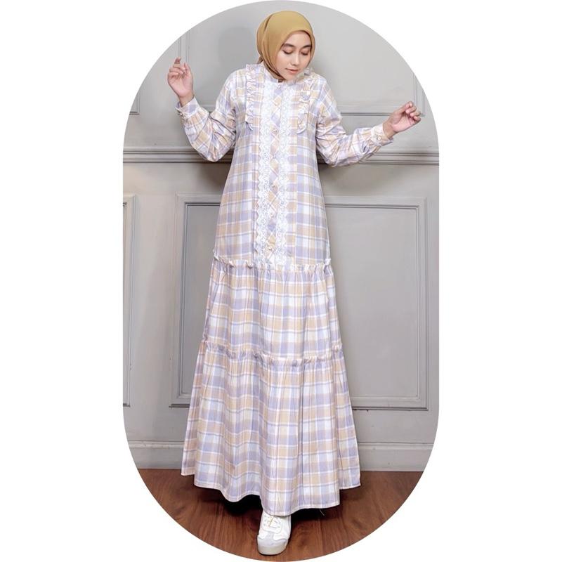MOZHASHAFURA. Cloth - KIARA DRESS Bahan Katun Kotak Triset Doby Halus Lembut Gamis Muslim Basic Casual Kancing Busui Wudhu Friendly Variasi Renda Bordir Mewah 8