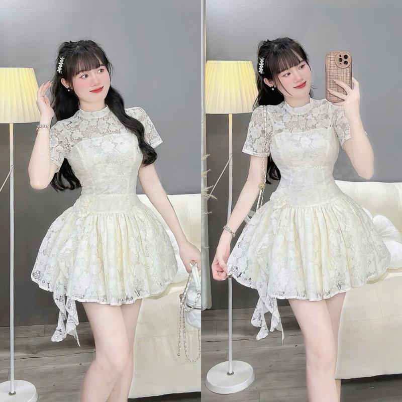 Đầm váy nữ ren hoa thiết kế cổ tròn tay ngắn đính bông dáng xòe Có Lót xinh xắn dành cho các nàng diện đi chơi đi tiệc.