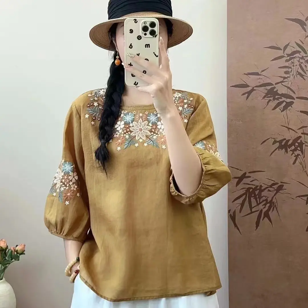 Áo Sơ Mi Tay Bảy Phần Tư Ramie Cao Cấp Thêu Công Nghiệp Nặng, Dành Cho Mùa Hè Của Phụ Nữ, Dáng Rộng Rãi Và Bó Sát, Làm Bằng Vải Lanh Bông, Cổ Tròn, Áo Chui Đầu, Cỡ Nhỏ