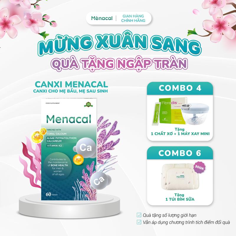  Canxi tảo biển Menacal - bổ sung Canxi D3K2 cho mẹ bầu mẹ sau sinh trẻ em từ 6 tuổi người lớn 1 hộp 60 viên 