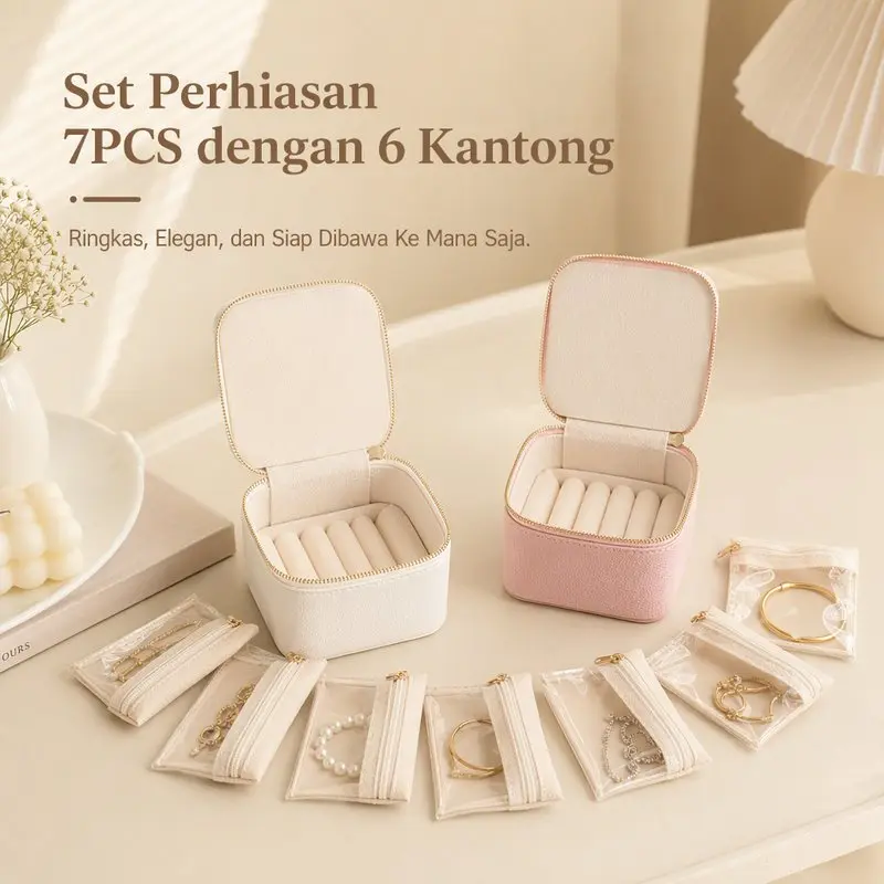 Kotak Perhiasan Mini Set 7 PCS Travel Organizer Kulit Dengan 6 Kantong Terpisah Penyimpanan Kalung Gelang Cincin Minimalis Untuk Bepergian 12.5CM x 12.5CM x 9CM
