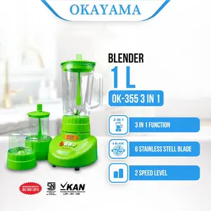 BLENDER OKAYAMA 3 IN 1 OK-355 1 LITER peralatan rumah kecepatan variabel pembuat jus buah wadah plastik warna hijau