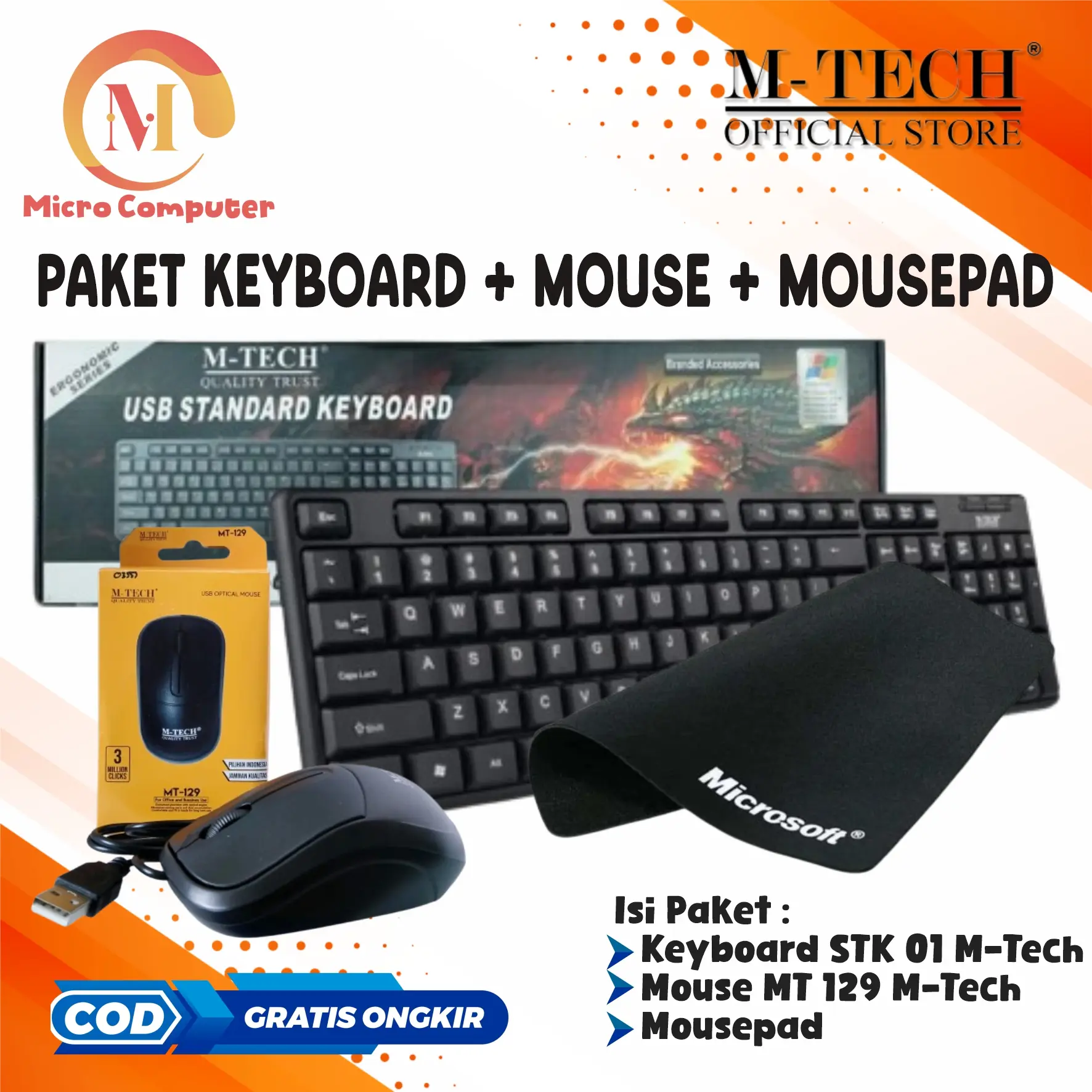 Paket Mouse Keyboard Standard USB Kabel M-tech STK 01 Combo