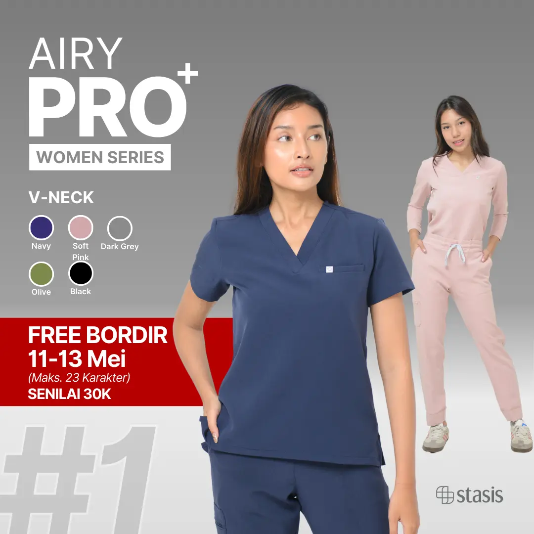 [Women Series] AIRY PRO+ - Vneck dan Celana Custom - Home Of Stasis Warna 1 - Premium Medical Scrub Doctor’s Baju celana Jaga Panjang pendek VNeck Joger Cargo OKA OK Perawat/Dokter Safety Nakes Polydex polos seragam kerja pria wanita Set Terpisah