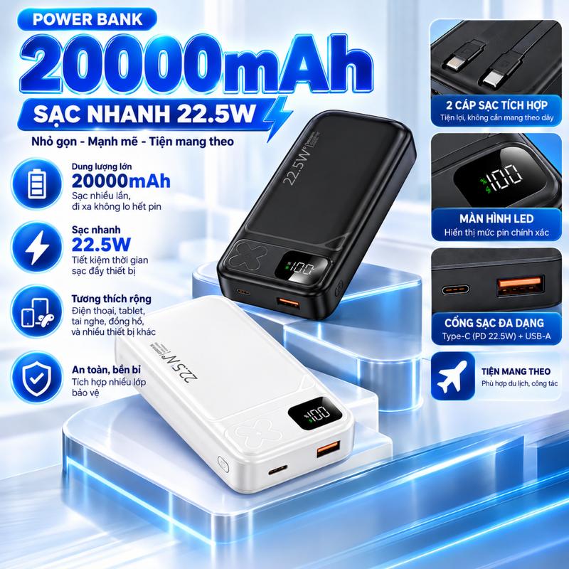 Sạc dự phòng X05 20000mAh sạc nhanh mini dung lượng lớn có sẵn nhiều dây sạc tích hợp dây sạc nhanh