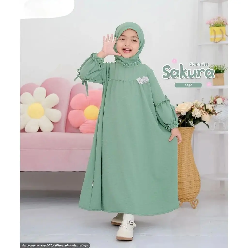 Baju Anak Perempuan Terbaru/Baju Muslim Anak Perempuan Sakura Set Polos Usia 3 - 11 Tahun Size M L XL XXL Bahan Crinkle Airflow Gamis Kids Kekinian Dress Syari Tanggung Remaja Wanita Setelan Shakila