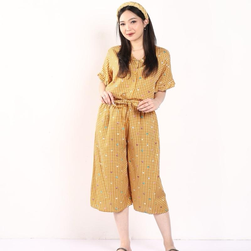 [DasterHitsMalang] One Set Aira Celana Kulot Panjang 7/8 /One Set Kancing Depan/One Set Lengan Rempel/Setelan Wanita Baju Karet Katun Kerah Rayon Motif Atasan Busui Pendek Kotak 7