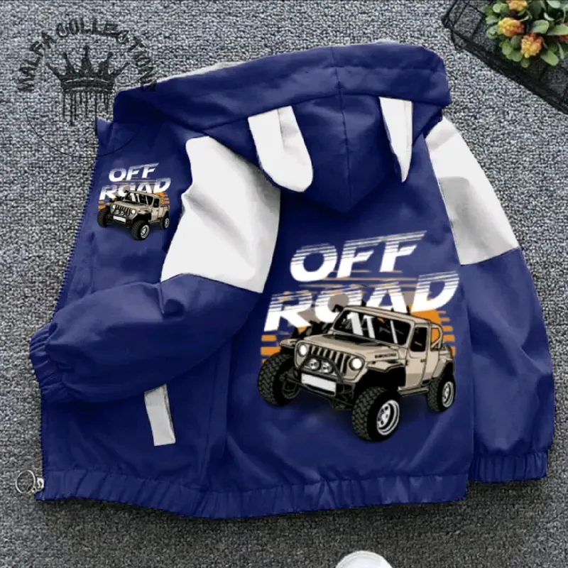 jaket anak kombinasi waterfroop premium berkualitas tinggi cocok buat anak laki" yang bergambar mobil off Road sang peredator jalanan hutan 3