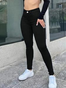 Jeans Elegantes Negro para Mujer Cintura Alta con Bolsillo Solapa Lavado Ajustados Elásticos Fit Clásico y Elegante Azul