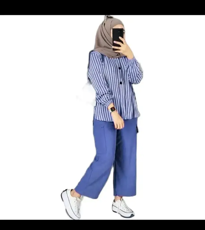 Set Baju dan Celana Kargo  Terbaru Ramosa untuk Wanita Muslim Wanita Setelan Airflow Atasan Panjang Dewasa Motif 2