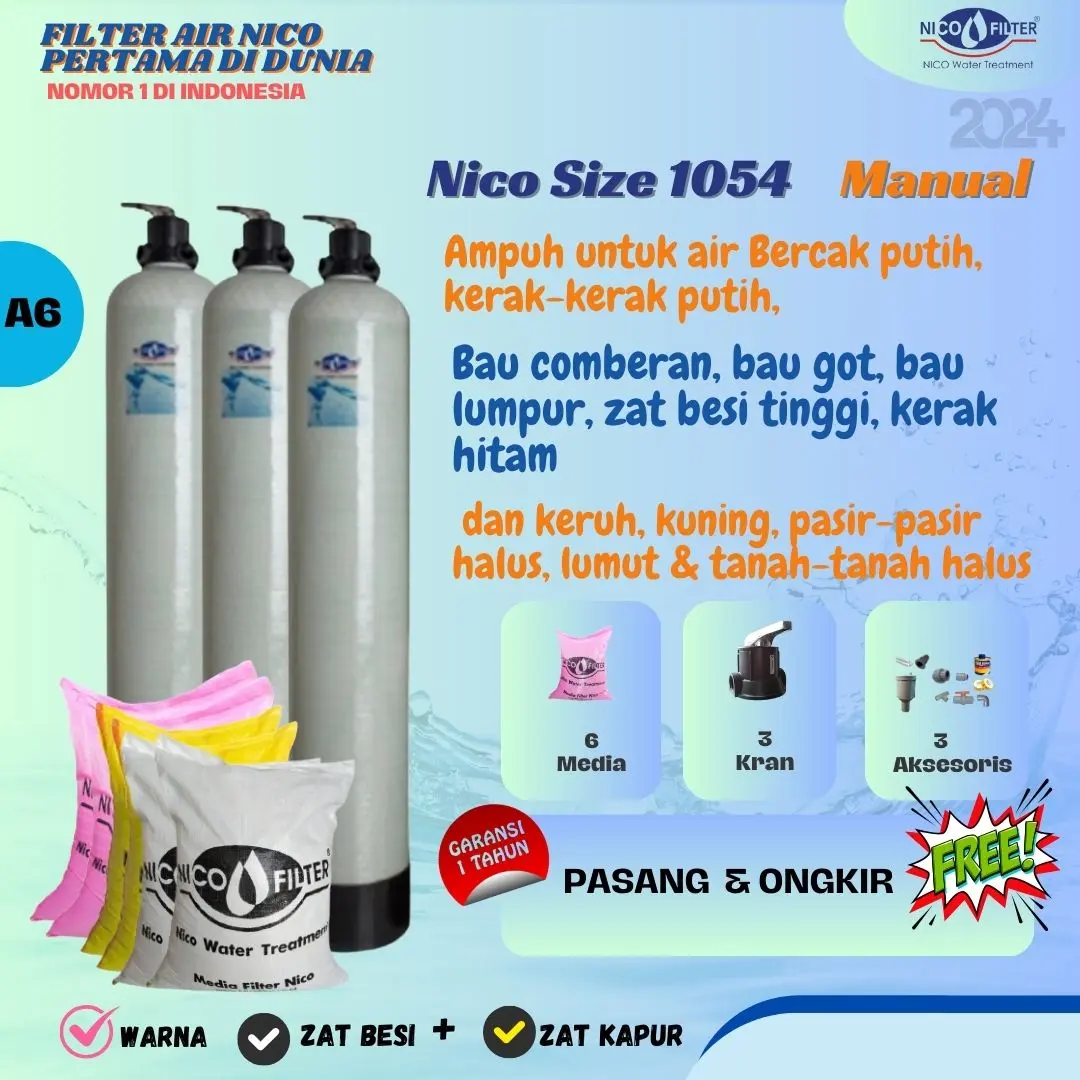 A6. Nico Filter Size 1054 Manual + Media Nico Natural + Media Nico Anti Bau Media Nico Zat Kapur + Alat Inject & Tabung Penguruai Water Hitam Air filter air banjir