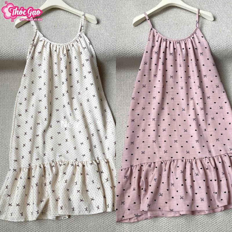 Váy bầu đầm bầu chất đũi 2 dây họa tiết nơ mặc siêu thoáng, mát mẻ trước và sau sinh