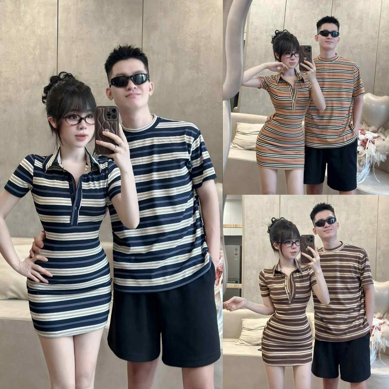  I0426 Váy Thun Nữ Kẻ Ngang Cổ Polo Ngắn Tay & Áo Thun Nam Cổ Tròn Ngắn Tay Phong Cách Đôi 