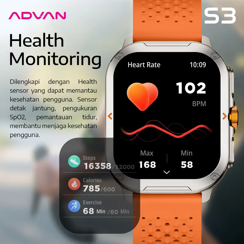 ADVAN Smartwatch S3 1.99" inch up to 15 Days IP68 Waterproof 300mAh AI Assistant Bluetooth 5.3 3