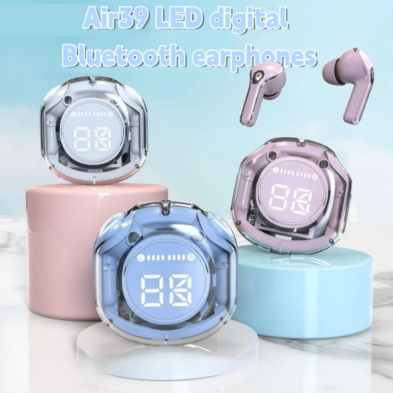 Tai nghe Bluetooth không dây, GUIXIA, Air39, trong suốt, hỗ trợ cuộc gọi, với màn hình hiển thị pin kỹ thuật số