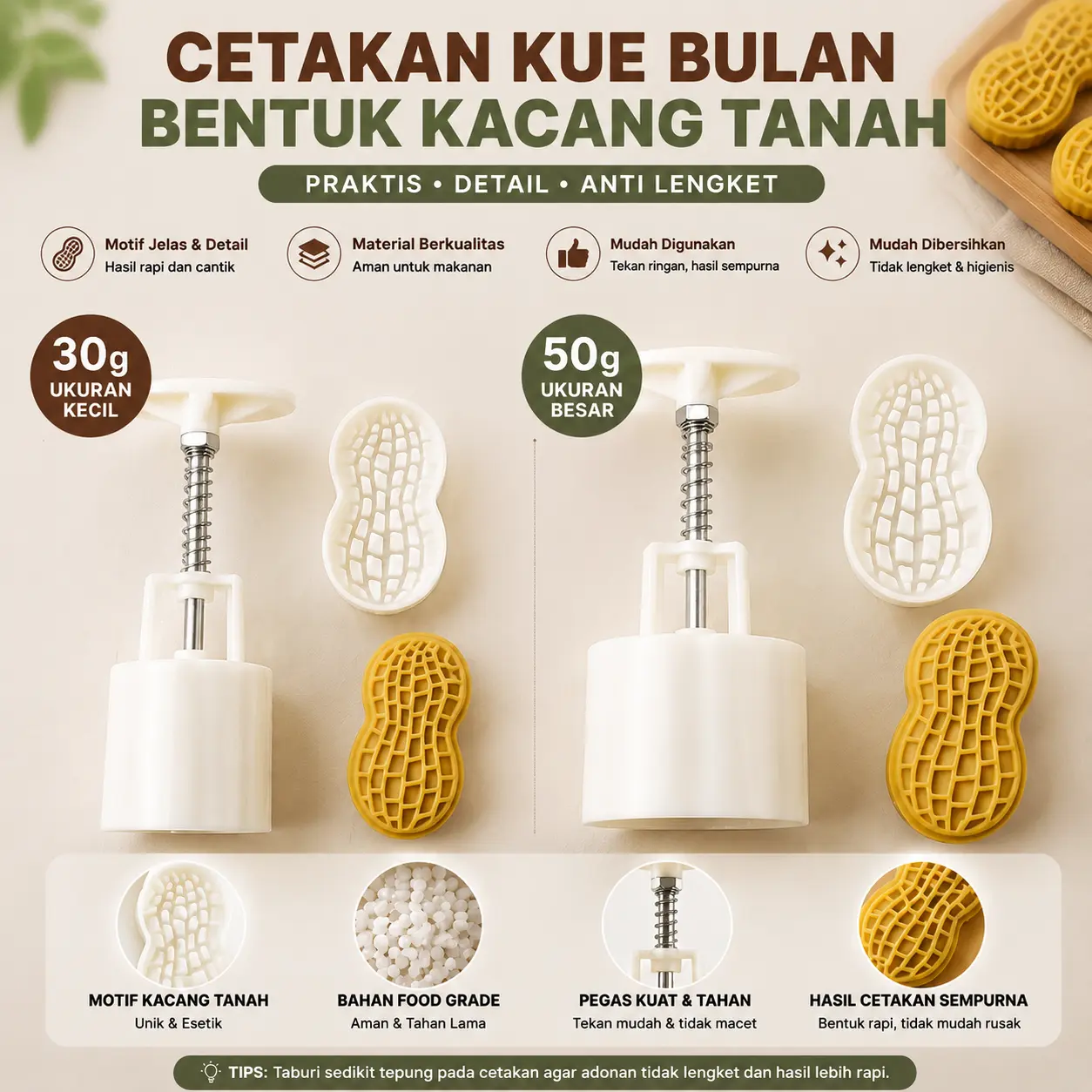 Cetakan Kue Motif Kacang 30 g/50 g untuk Cookies dan Mooncake